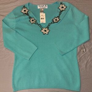 Joseph A Turquoise V-Neck Sweater with Floral Details